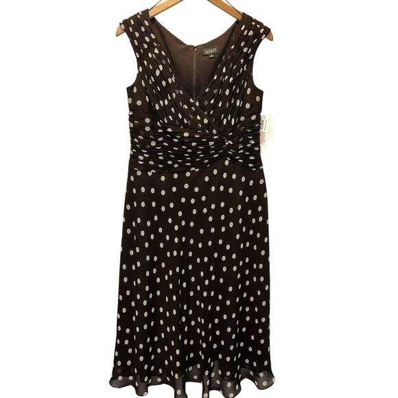 NWT Adrianna Papell Sz 12 Brown Silk Chiffon Polka Dot Midi Dress Lined Wedding - Picture 1 of 12
